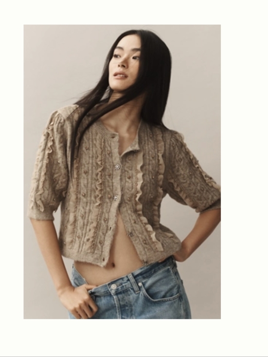 Maeve Sweaters - Maeve Short-sleeved Embellished Ruffled  Cardigan Sweater - TAUPE